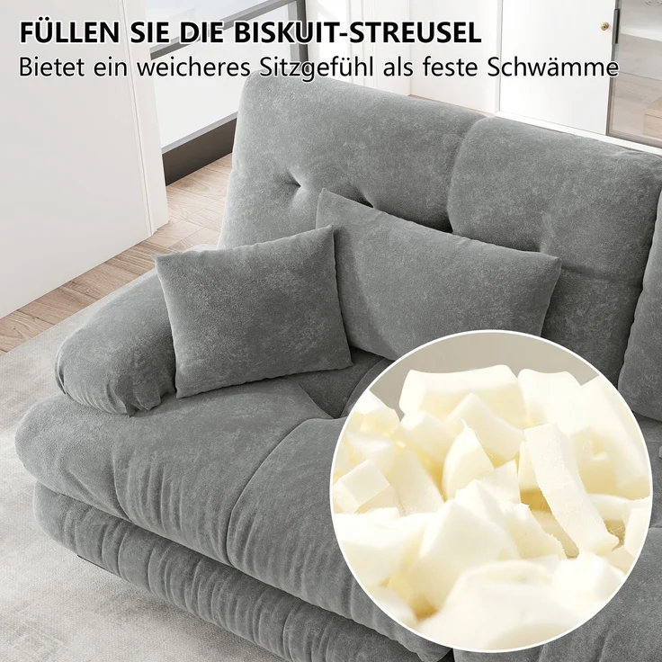 ZUBALIYA Modulare Wohnlandschaft, modular kombinierbar, mit Hocker, H 81 × T 145 × B 406 cm, Grau, Chenille – Bild 13