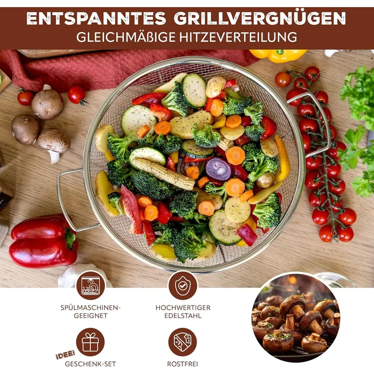 Grillkorb rund / Edelstahl Ø ca. 30 cm / 2 Griffe – Bild 2