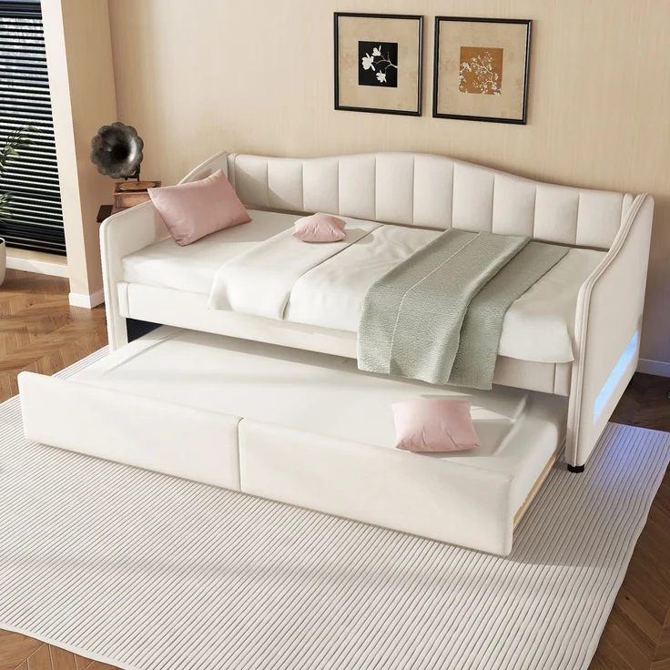 CHICFURN Bett aus Leinen, Beige, 90x200 cm, mit Ausziehbett und LED-Beleuchtung – Bild 3