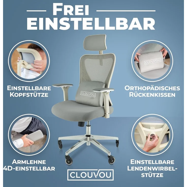 CLOUVOU Bürostuhl ergonomisch, CleverSeat Schreibtischstuhl bis 150 kg - Testsieger (Chefsessel für Arbeitszimmer, 4D Chrom-Metallarmlehne), Blade Wheels, Homeoffice, Gaming Stuhl, Drehstuhl – Bild 7