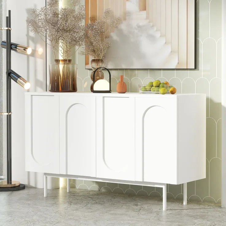 Sideboard Weiß mit gewölbten Türen, Stauraum & verstellbaren Regalen, modernes Anrichte-Design für Wohnzimmer/Esszimmer/Flur