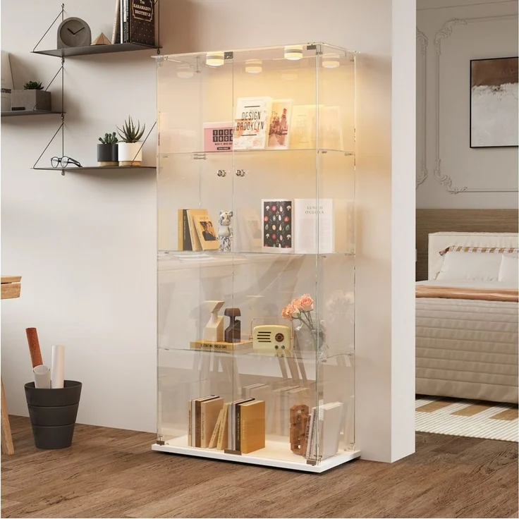 FUROKOY Glasvitrine Standvitrinen, Vitrine aus gehärtetem Glas (Vitrinenschrank mit 2 Glastür und Beleuchtung für Sammler, Bücher) 4 Lagen Sammlervitrine, Weiß – Bild 5