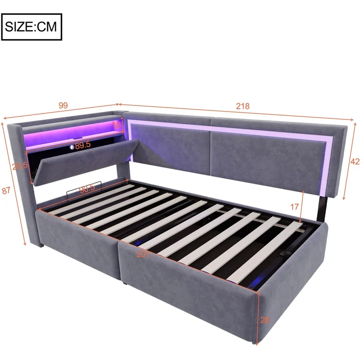 EINHOM Polsterbett Schlafsofa 90 x 200 cm, Samt, mit LED-Beleuchtung und USB-Ladeanschlüssen, Kopfteil Lässt Sich zum Verstauen Öffnen, Hydraulisches Stauraumsystem unter dem Bett, Grau, (Ohne Matratze) – Bild 2
