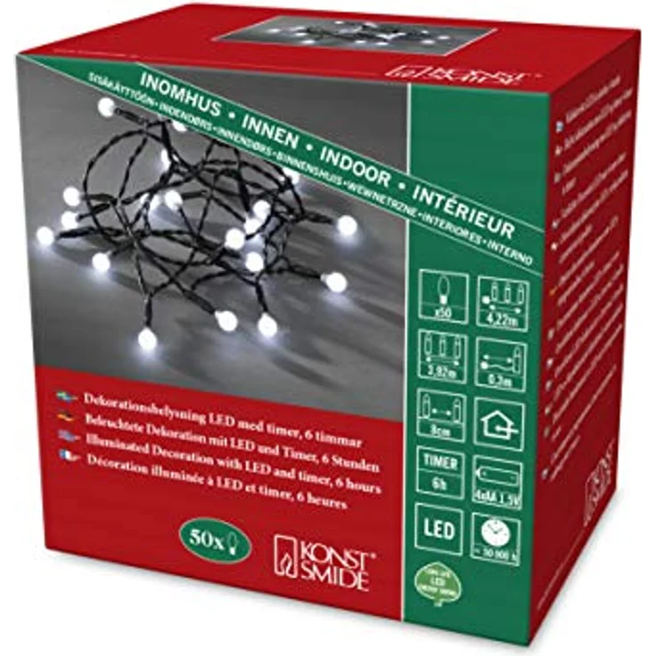Konstsmide LED Globelichterkette, runde Dioden, 6h Timer, 50 kalt weiße Dioden, batteriebetrieben, Innen, schwarzes Kabel - 1492-207, Kaltweiß – Bild 1