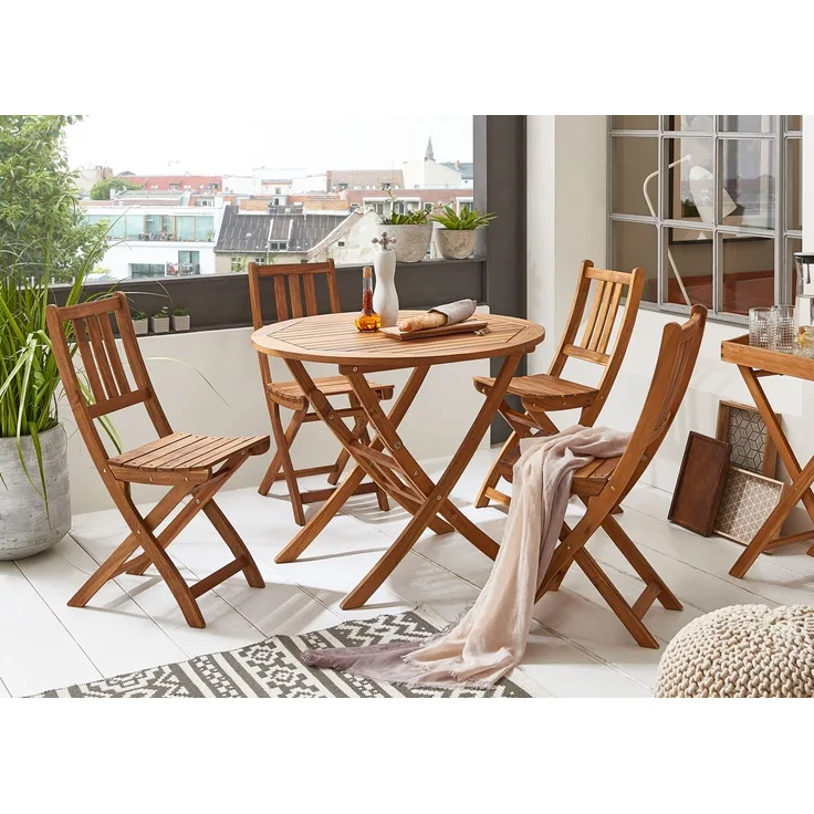 Balkonmöbel Set 5tlg Akazie Klapptisch rund 90 cm JUSTIN/BLOOM 59423158