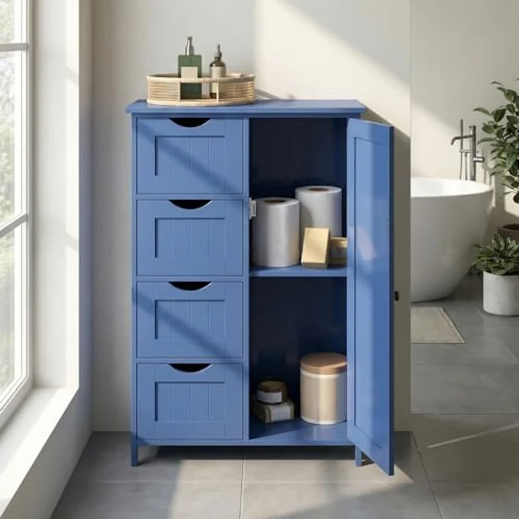 Vasagle Badezimmerschrank, schmaler Badschrank, Beistellschrank, Kommode, mit Schubladen, Schranktür, verstellbare Ablage, x x cm,, Hafenblau, 3 – Bild 2