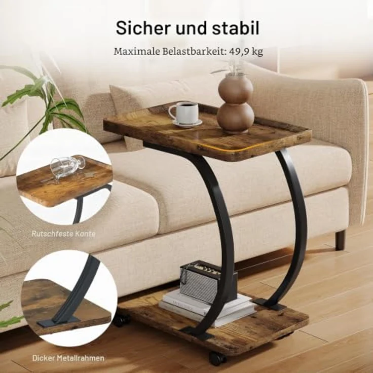 LITTLE TREE Beistelltisch mit Rollen, C-Form Beistelltische, Schmaler Sofatisch für kleines Wohnzimmer, 52 x 34 x 60 cm, Seiten"Tisch für Laptop, Kaffee und Snacks, Braun – Bild 6