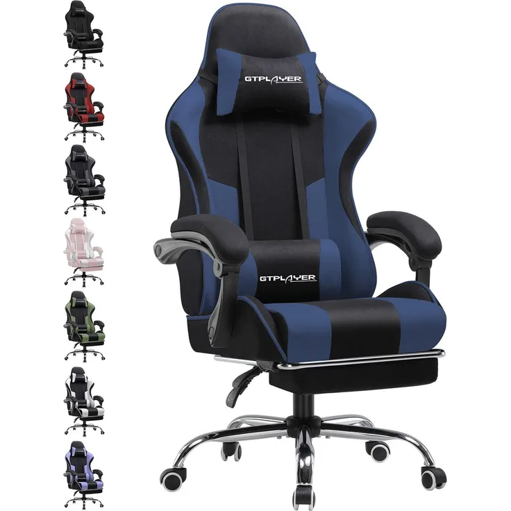 GTPLAYER Gaming Stuhl Stoff, Bürostuhl Massage Gaming Sessel Ergonomischer Gamer Stuhl mit Fußstütze, Kopfstütze Massage-Lendenkissen, Gepolstert Gaming Chair, Drehsessel, blau