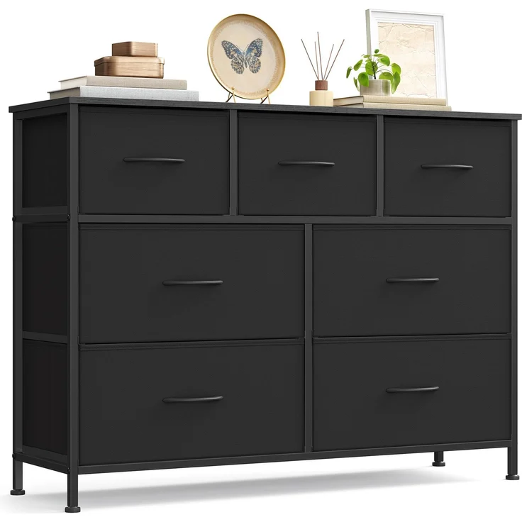 SONGMICS Kommode, Schrank, 7 Stoffschubladen, Aufbewahrungsschrank, Stahl, MDF, Vliesstoff, für Schlafzimmer, Flur, Wohnzimmer, tintenschwarz-ebenholzschwarz LGS323BH03
