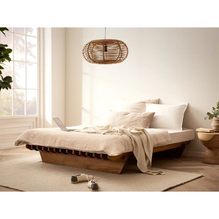 Holzbett Cannes 180x200 cm aus massiver Pinie – minimalistisches Bodenbett ohne Kopfteil, niedriges Bettgestell mit Stecksystem im Japanstil