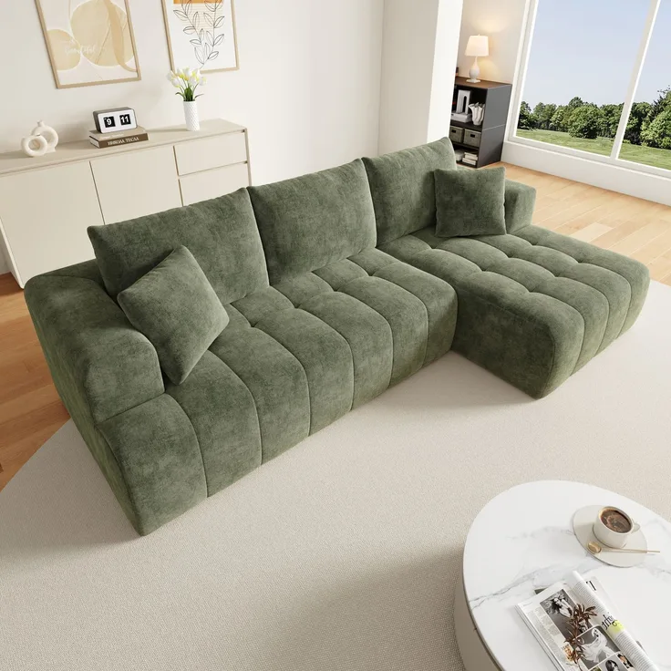 Merax Modulares L-förmiges Ecksofa ohne Gestell, Cloud-Sofa, bequemes Chenille-Gewebe, frei kombinierbar, bodennahes Design, keine Montage erforderlich, Grün