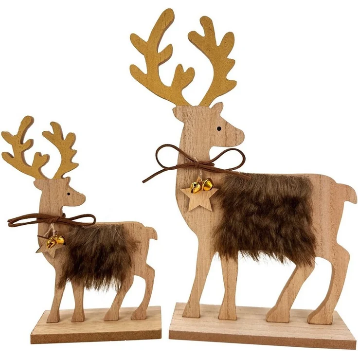 Online-Fuchs Dekofigur 2 Hirsche, Rentiere aus Holz - Deko für Herbst, Winter & Weihnachten (2er Set, mit Fellbesatz, Holzsternen, Glöckchen und Schleife), Dekoration für Sideboard, Regale, Fensterbank oder als Tischdeko – Bild 2