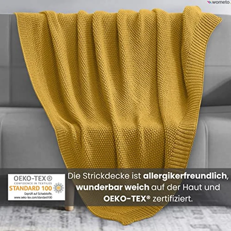 wometo Strickdecke Gelb, 140x190 cm, Oeko-Tex®, pflegeleicht, hochwertige Grobstrick-Optik – Bild 2