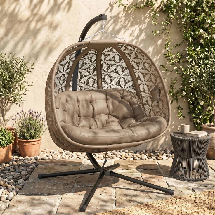 MELAYR, Hängesessel mit Gestell für 2 Personen faltbar Hängekorb mit dick Kissen, 126 x 126 x 176 cm, Sand – Bild 3