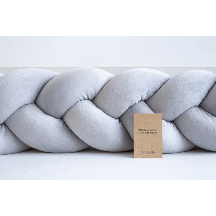 Loolay Nestchenschlange SAMT GRAU Geflochtenes Kissen Zierkissen Dekokissen Bettumrandung, (Zugluftstopper Zugluft Schlange Wickeltischumrandung Babybett Kinderzimmer Schutz, VELOURS SAMT Bettschlange 100 150 200 300 400 cm und Länge auf Anfrage), Zugl... – Bild 2