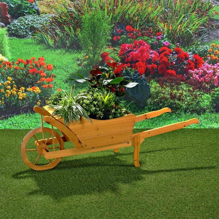 Garten Pflanzschubkarre Schubkarre aus Holz Blumenkarre Blumenkübel gelbbraun – Bild 2
