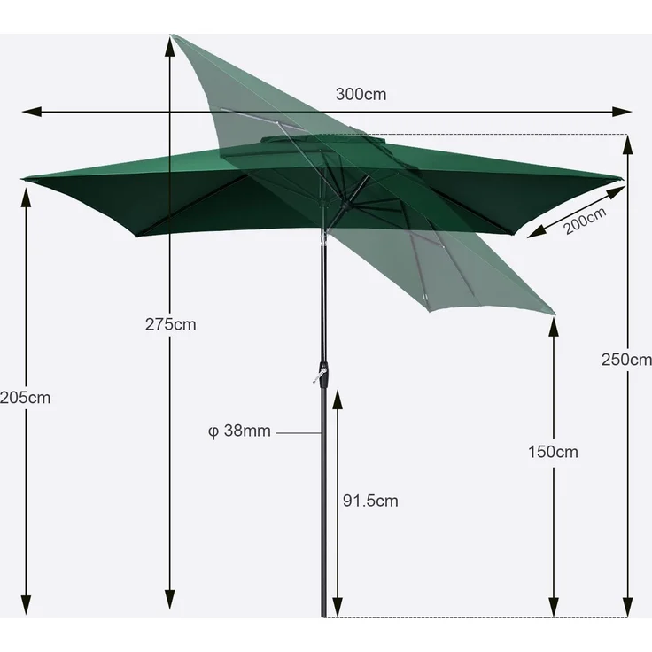Sekey Sonnenschirm mit Kurbel und UV50+, knickbar, Aluminium grün, 200 × 300 cm – Bild 3