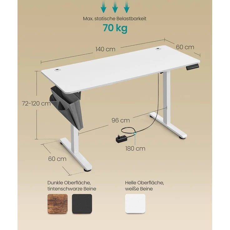 Songmics Höhenverstellbarer Schreibtisch elektrisch, 60x140 x (72-120) cm, Verstellbarer Tisch, Memory-Funktion für 4 Höhen, für Homeoffice, Arbeitszimmer, wolkenweiß LSD134W01 – Bild 2
