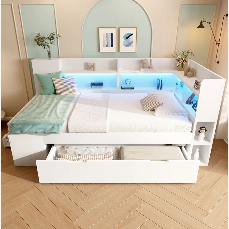 CHICFURN Bett aus Holzwerkstoff Weiß 90x200 cm mit LED-Beleuchtung, Stauraum und USB- und Type-C-Anschlüssen