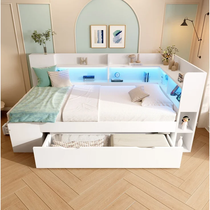 CHICFURN Bett aus Holzwerkstoff Weiß 90x200 cm mit LED-Beleuchtung, Stauraum und USB- und Type-C-Anschlüssen – Bild 1