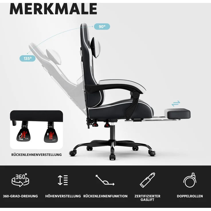 Gamingstuhl aus PVC mit verstellbarer Rückenlehne, Fußstützen und Rollen, 58,5x63x120,5 cm, Schwarz/Weiß – Bild 2