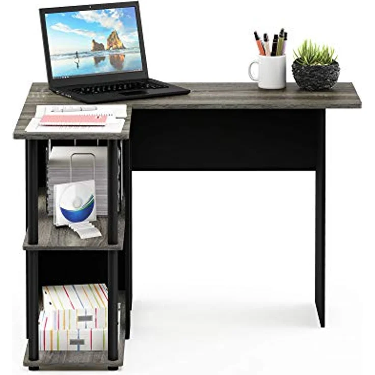 Furinno Abbott L-förmiger Schreibtisch mit Regalen, Holz, Französische Eiche Grau/Schwarz, 87.5 x 104.5 x 73.51 cm – Bild 6