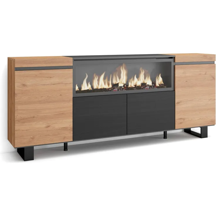 Skraut Home | Sideboard, Highboard | Kommode, Komodenschrank | 210 | 4 Türen | Elektrokamin XXL | Industriedesign | Moderner Stil | Eiche Schwarz