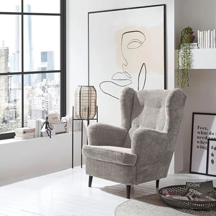 OSKAR Ohrensessel mit geknöpfter Polsterung, Taupe - Vintage Wohnzimmer Sessel mit Massivholz Füßen - 78 x 102 x 98 cm (B/H/T) – Bild 3