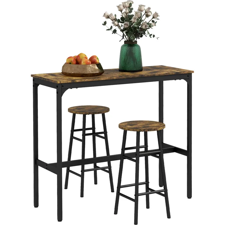 MELAYR, Küchen-Hochtisch-Set mit 2 Hockern, Stahlgestell, Industrie-Stil, 105 x 40 x 90 cm, Rustikalbraun
