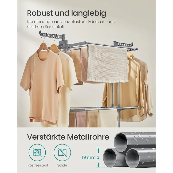 SONGMICS Wäscheständer, Standtrockner 4 Ebenen, Flügelwäscheständer, klappbare Flügel, mit Rollen, 63,5 x 128 x 148 cm, groß, einfacher Aufbau, für Innen- und Außenbereich, taubengrau – Bild 4