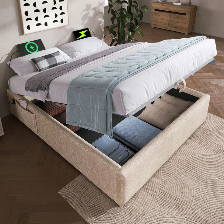 Polsterbett Doppelbett 140×200 cm, Struraumbett Bettgestell mit USB- C und Vollflächiger Lattenrost, Ohne Kopfteil, Leinen, Natürlich – Bild 1