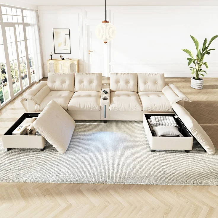 DESVIAE Sofa Modulares 6-Sitzer-Ecksofa Beige aus Chenille – 312x82x142 cm – Stauraum-Hocker, LED-Beleuchtung – Bild 6