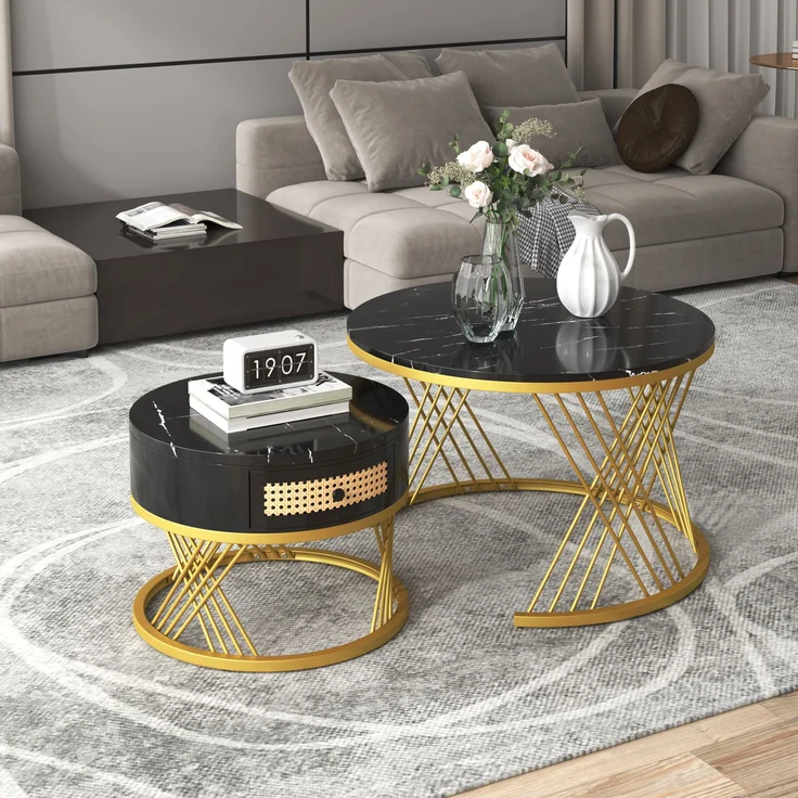 2-in-1 Couchtisch-Set rund mit Marmorplatte & Rattan-Schublade in Schwarz/Gold - 70x70x45,5 + 50x50x38,5 cm – Bild 4