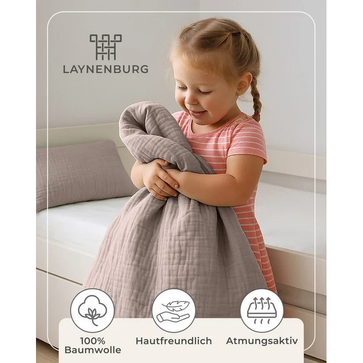 Laynenburg Kinderbettwäsche Musselin 2 teilig aus 100% Baumwolle in 100x135 cm + 40x60 cm, atmungsaktiv & bügelfrei – 3 lagig mit Reißverschluss & Haltebändern – Bild 3