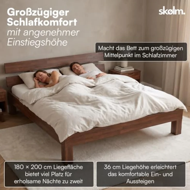 skølm Floki Massivholzbett 180x200 cm aus Eiche - hochwertiges Bettgestell in Walnussoptik - Bettrahmen mit Bettkopf - Holzbett in Natur geölt - Bett geeignet als Doppelbett - Futonbett Schlafzimmer – Bild 9