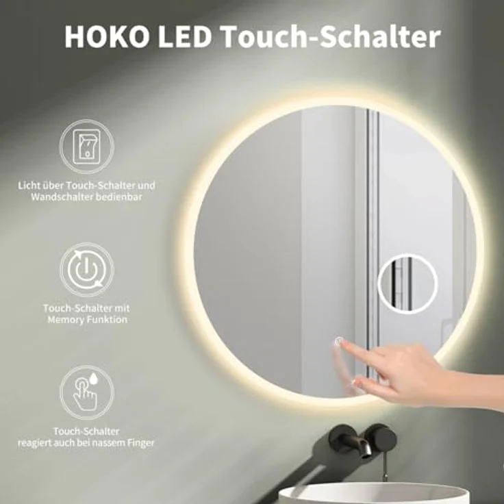 HOKO Runder LED Badspiegel 80cm Hamburg, Designspiegel mit 3-fach Kosmetikspiegel, Touch Schalter, LED Lichtwechsel - Warmweiß - Kaltweiß - Neutral – Bild 3