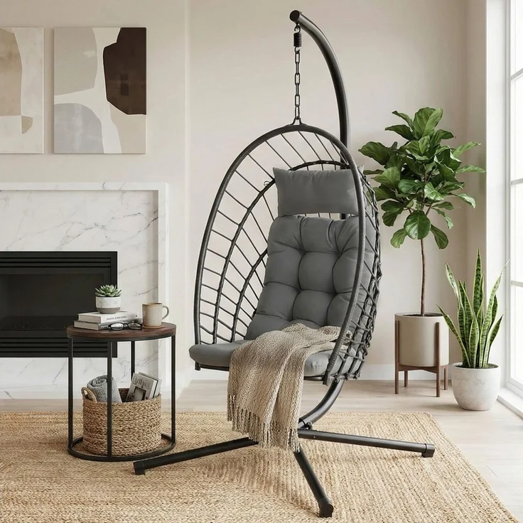 TLGREEN Hängesessel mit Gestell, Klappbarer Eiersessel, 360° Drehbar (Indoor & Outdoor Schaukelstuhl, Ergonomischer Relaxsessel mit Kissen), für Garten Balkon Wohnzimmer, Belastbar bis 160kg – Bild 1