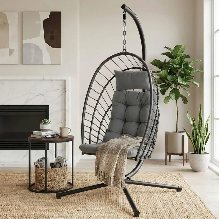 TLGREEN Hängesessel mit Gestell, Klappbarer Eiersessel, 360° Drehbar (Indoor & Outdoor Schaukelstuhl, Ergonomischer Relaxsessel mit Kissen), für Garten Balkon Wohnzimmer, Belastbar bis 160kg