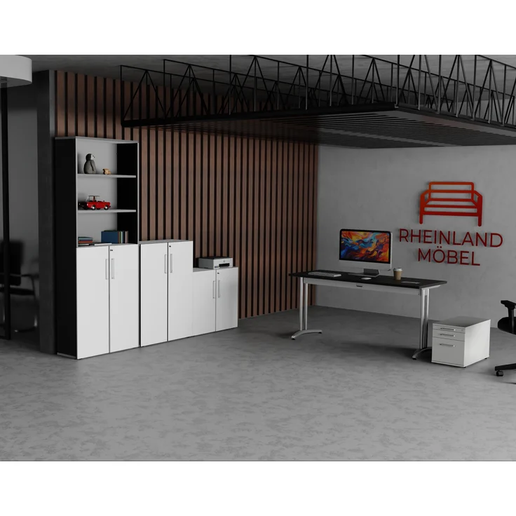 Rheinland Möbel Flügeltürenschrank Cabino 80×42×110 cm – abschließbarer Aktenschrank 3OH in Graphit/Weiß mit 110° Drehtüren & Metallgriff – Bild 5
