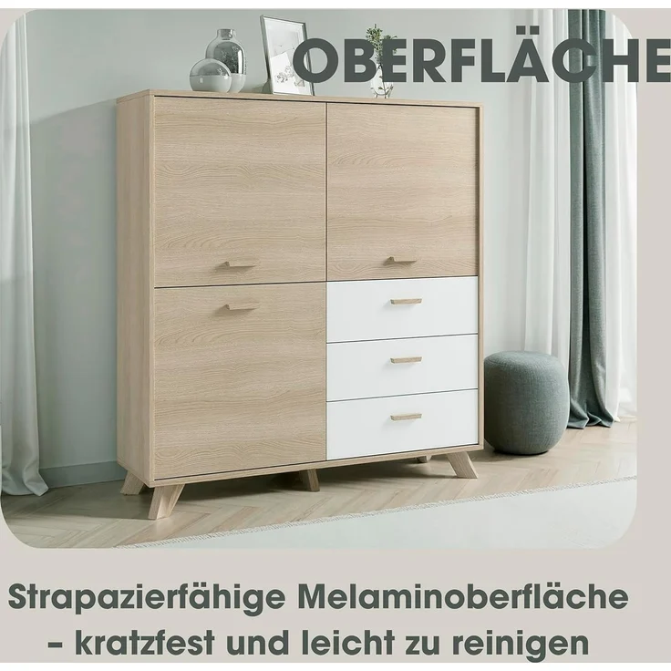 byLIVING Highboard Bastian (1 St), mit massiven Holzfüßen und Griffen, natürlicher Eichenlook, 120cm – Bild 6