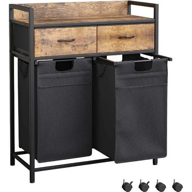 Mondeer Wäschekorb Metallgestell Wäschesammler (2 St, 2 x 50 L), mit 2 abgetrennten Säcken & 2 Schubladen, mit Rollen & Netztaschen – Bild 4