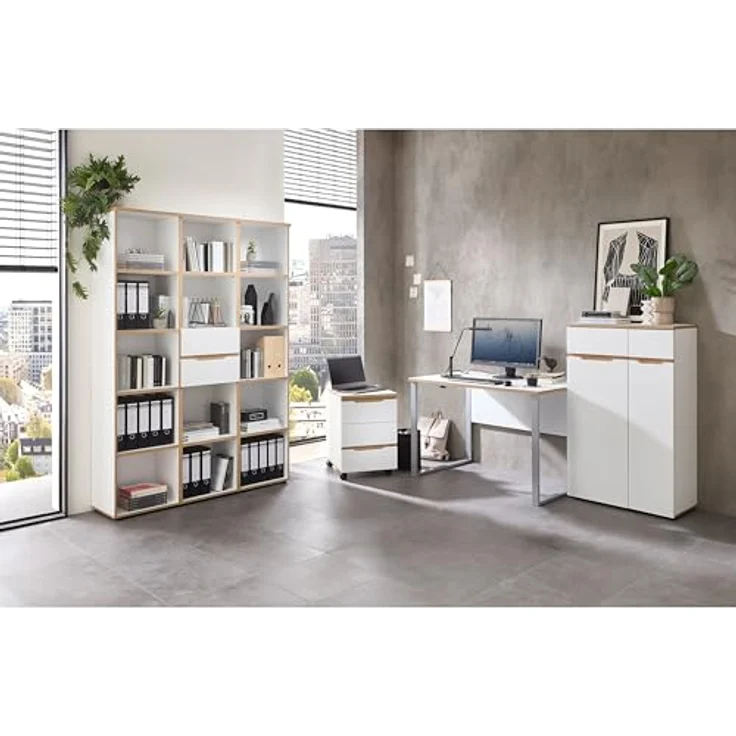 Stella Trading Memphis Schreibtisch in Weiß, Artisan Eiche Optik - Moderner Bürotisch Computertisch mit Metallgestell & Kabeldurchführungen - 170 x 77 x 73 cm (B/H/T) – Bild 7
