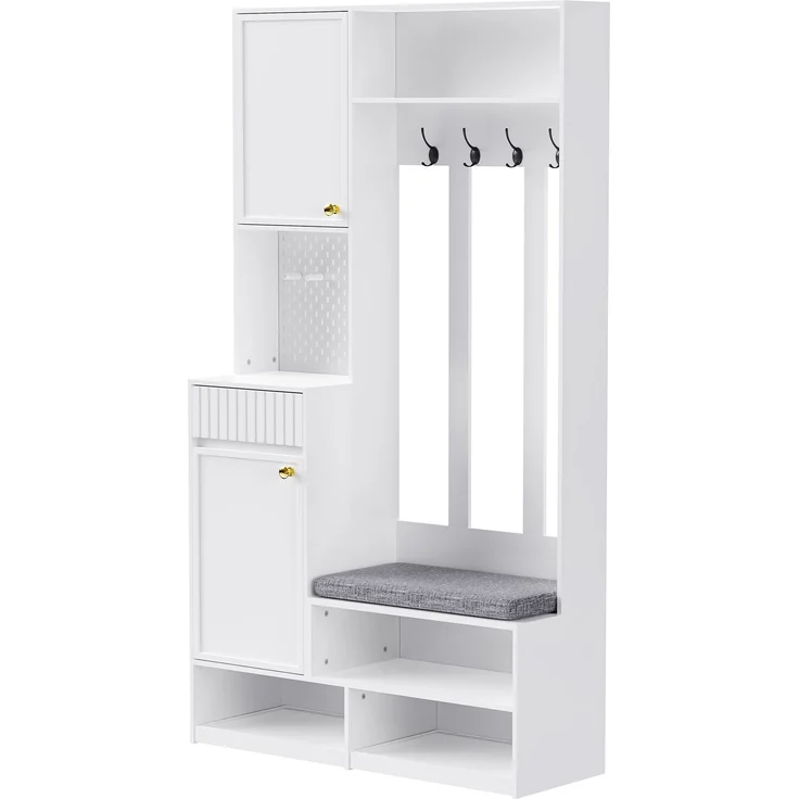 Garderobenset, Komplett-Set Flurgarderobe mit Sitzbank, 4 Haken, Türen & Schubladen - Weiß, Kompaktmaße 100×180×35 cm (B×H×T) – Bild 9