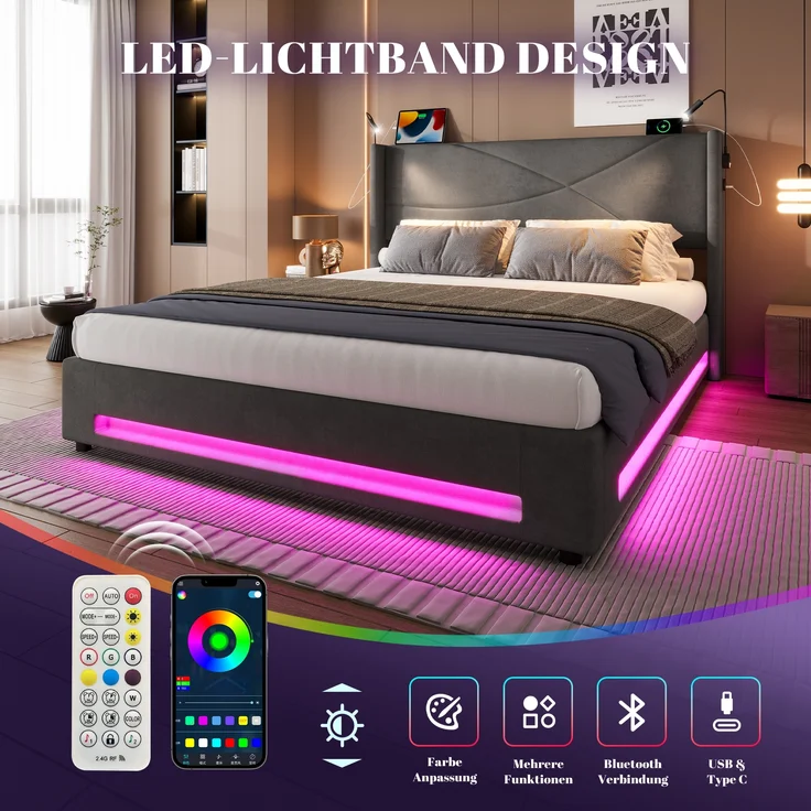 LVHOM Boxbett 160x200cm, Bettgestell mit integrierter Beleuchtung & Stauraum, USB/Typ-C-Ports, XXL-Hydraulik-Storage, platzsparend & Smart-Home-Anschlüssen – Bild 6