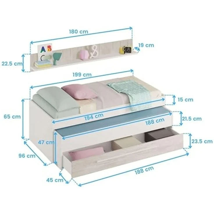 Habitdesign, Kinder- und Jugendbett mit 2 Liegeflächen, Schublade und Regal, platzsparendes Funktionsbett in Artik Weiß und Velho, Maße: 96 x 65 x 199 cm (B x H x T), Modell Elliot (ohne Lattenrost) – Bild 3