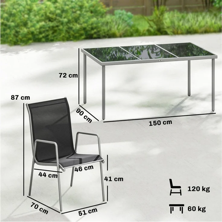 Outsunny Garten-Essgruppe mit 6 Atmungsaktiven Stühlen, Sicherheitsglas Tischplatte, (Gartenset, 7-tlg, Gartenmöbel Set), für Garten Balkon Terrasse Schwarz – Bild 2