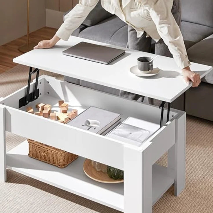 Yaheetech Couchtisch mit Höhenverstellbarer Platte Kaffeetisch ausziehbarer Wohnzimmertisch Sofatisch für Wohnzimmer, Büro, weiß – Bild 5