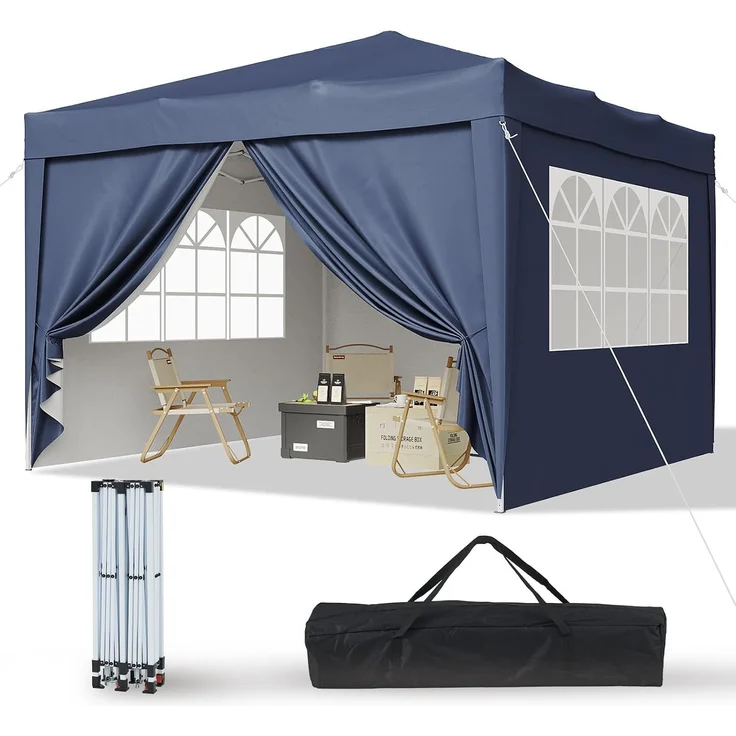 Aoxun Pop Up Pavillon 3x3 Wasserdicht mit 4 Seitenwänden, Metallrahmen-Schutzzelt, Höhe Verstellbar, 3mx3m Faltpavillon mit Tragetasche für Camping Party, Blau – Bild 1