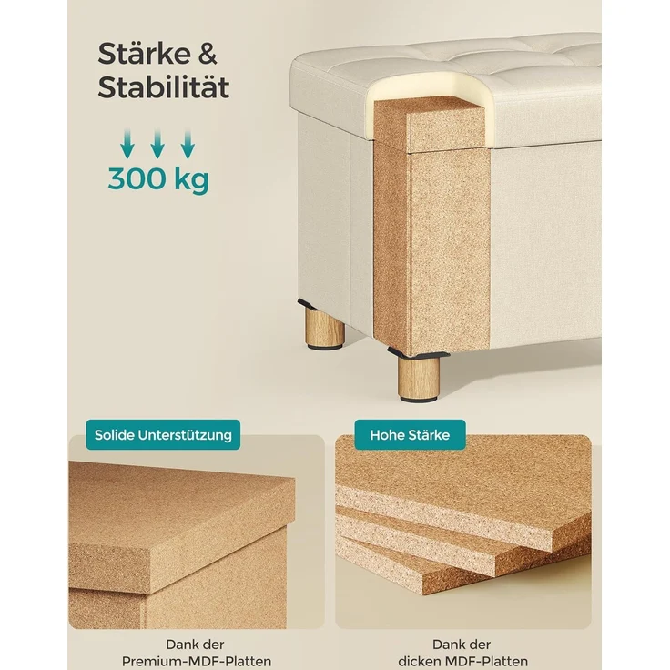 SONGMICS Sitzhocker mit Stauraum, kleine klappbare Sitzbank, 32x40 cm Fußbank, Aufbewahrungsbox, bis 300 kg belastbar, für Wohnzimmer Schlafzimmer Schlafsaal, cremeweiß LSF012W11 – Bild 4