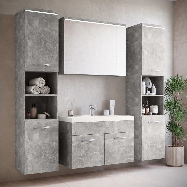 Badplaats Badezimmerschrank Paso 35 x 35 x 160 cm Beton Grau - Hoch Badschrank Mit 2 Türen – Bild 3